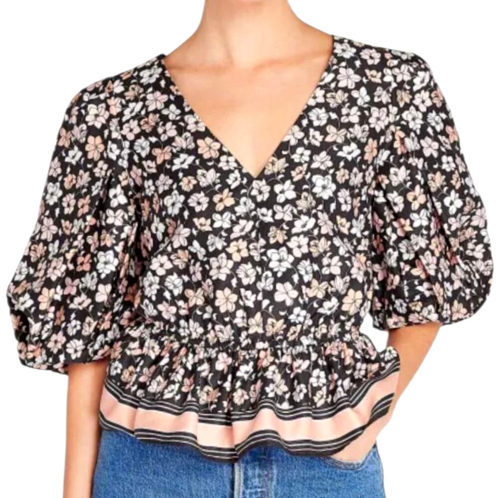 CLUB MONACO Floral Blouse Top L Peplum Puff Short Sleeves Pink Black‎ Cottage